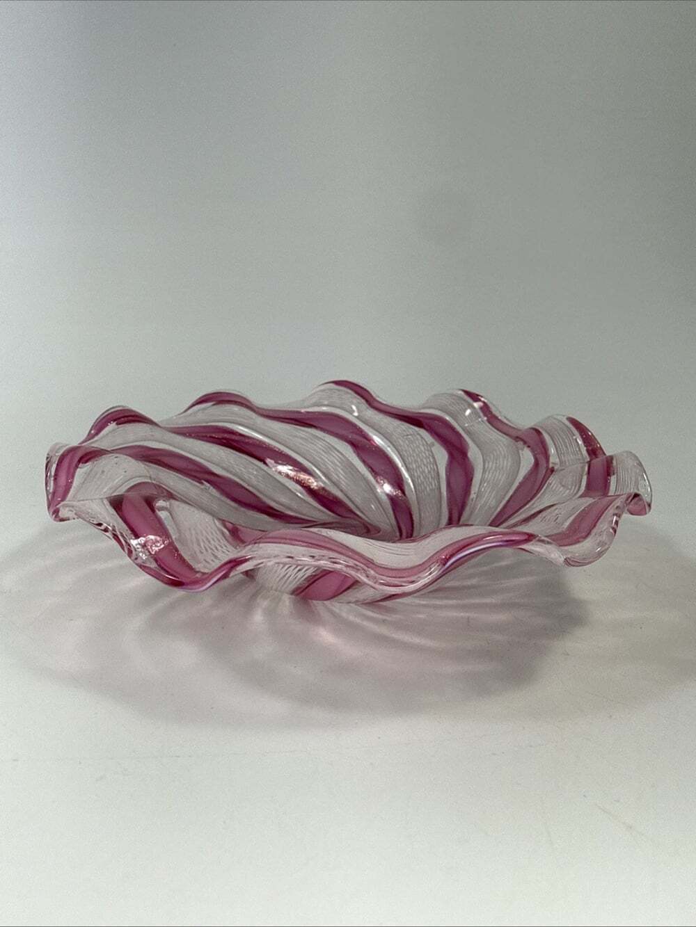 Vintage Latticino Murano Pink with Gold Accents Ruffled Bowl